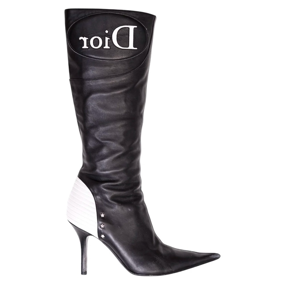 Christian Dior Black & White Moto Logo Boots 37